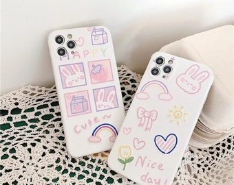 Cute iphone case for iphone 12 mini 11 x xr xs pro max 7 8 plus sof cute happy embroidery cartoon rabbit