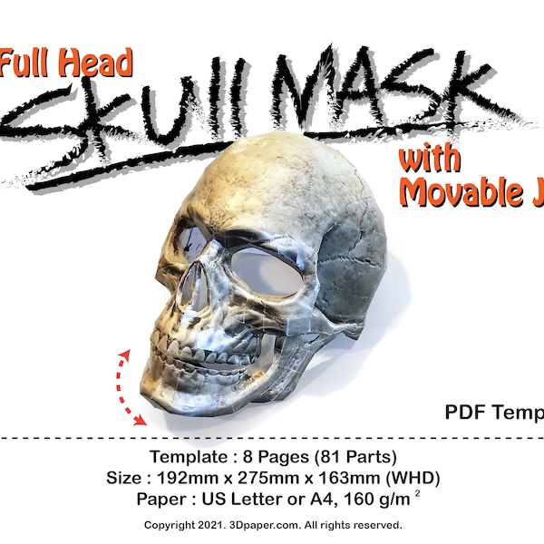 Full Head Halloween Paper Skull Mask with Movable Jaw