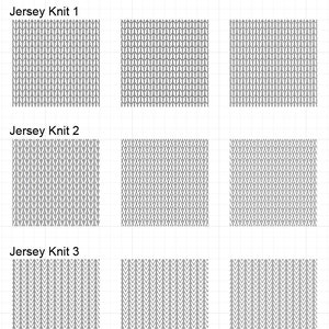 May include: A comparison of three different knit fabrics, labeled V1, V2, and V3. Each fabric is shown in three variations, labeled Jersey Knit 1, Jersey Knit 2, and Jersey Knit 3.