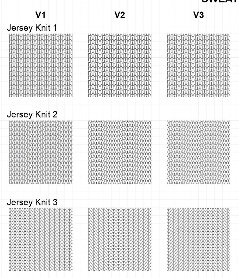 May include: A comparison of three different knit fabrics, labeled V1, V2, and V3. Each fabric is shown in three variations, labeled Jersey Knit 1, Jersey Knit 2, and Jersey Knit 3.