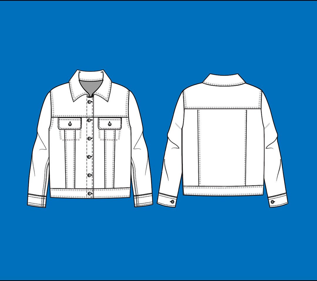 Editable Basic Denim Jacket Flat Sketch, Cad,fashion Design