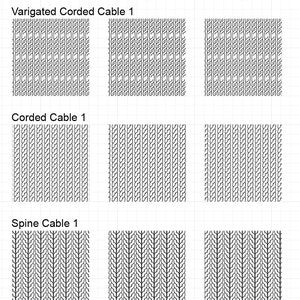 May include: Three variations of knit fabric samples, labeled V1, V2, and V3. Each variation shows a different cable knit pattern: Varigated Corded Cable 1, Corded Cable 1, and Spine Cable 1.