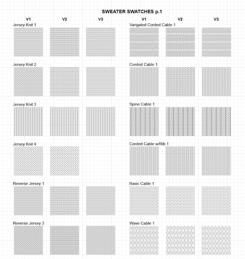 May include: A chart of sweater swatches showing different knit and cable stitch patterns. The chart is labeled with the names of the stitches, such as "Jersey Knit 1", "Corded Cable 1", and "Spine Cable 1".