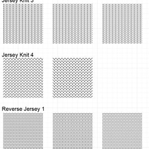 May include: A visual guide to different knit stitch patterns. The image shows three examples of "Jersey Knit 3", two examples of "Jersey Knit 4", and three examples of "Reverse Jersey 1".