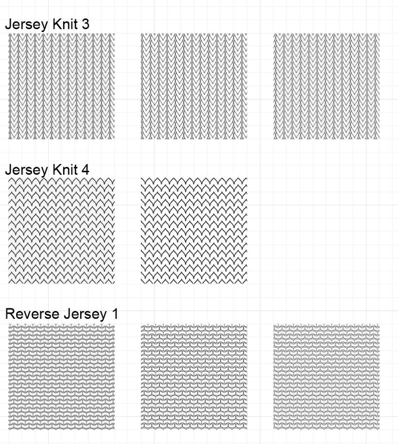 May include: A visual guide to different knit stitch patterns. The image shows three examples of "Jersey Knit 3", two examples of "Jersey Knit 4", and three examples of "Reverse Jersey 1".