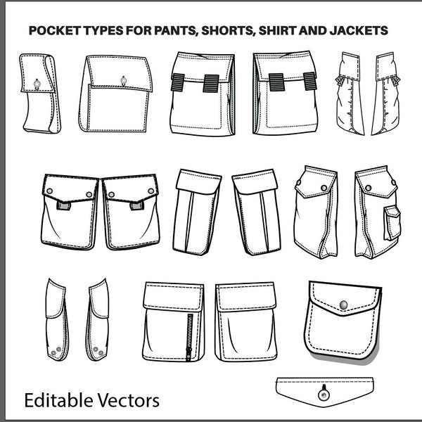 Editable Pockets Flat Sketch, vector files, Adobe Illustrator, SVG, cargo pocket, instant download, digital files, clipart