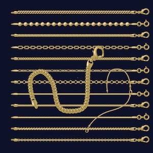 Könnte beinhalten: Eine Sammlung von zwölf goldfarbenen Metallketten, die horizontal angeordnet sind und verschiedene Gliederstile wie Anker-, Kugel-, Kordel- und Panzerketten aufweisen. Jede Kette ist mit einem kleinen Verschluss an einem Ende und einer Spitze versehen.