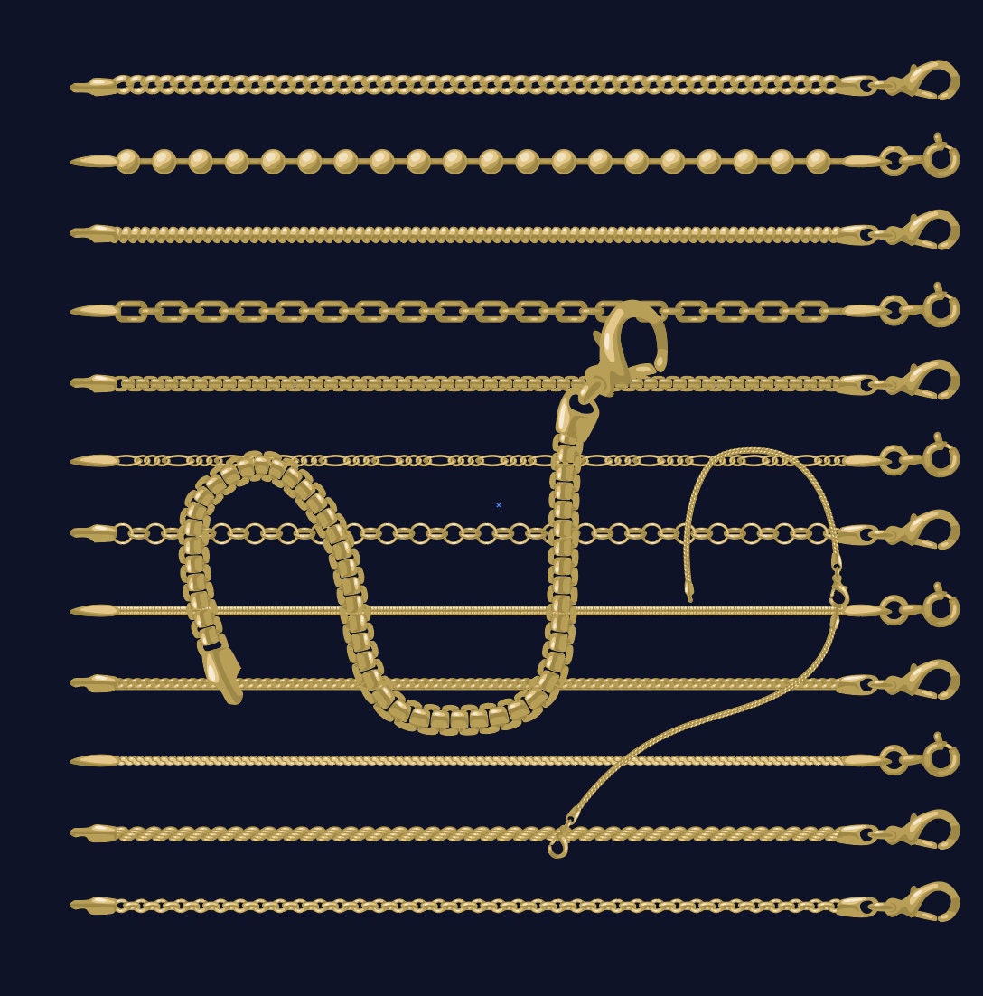 12 Editable Gold Jewelry Chain Brushes for Adobe Illustrator | Vector AI Instant Download