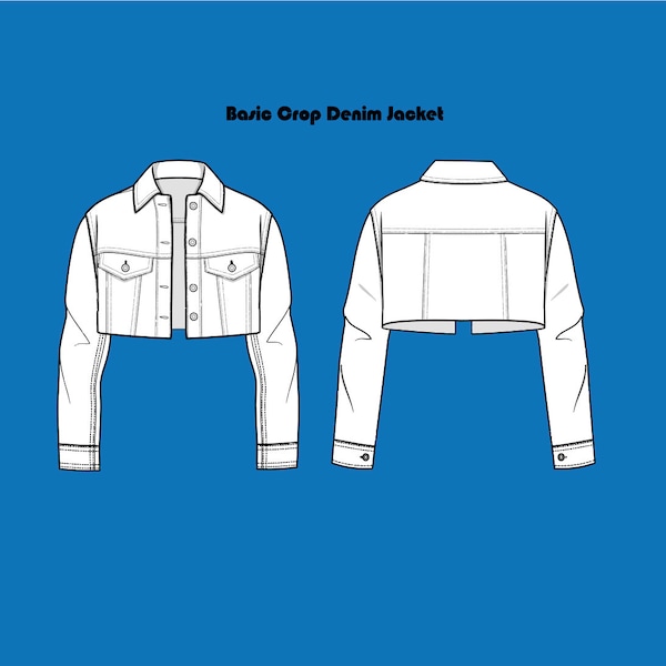 Editable Crop denim jacket flat sketch, Cad, Fashion Design, illustrator, Digital files, Clipart, Instant Download