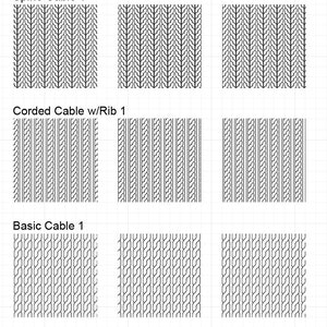 May include: A visual guide to three different cable knitting patterns: Spine Cable, Corded Cable with Rib, and Basic Cable. Each pattern is shown in three variations.