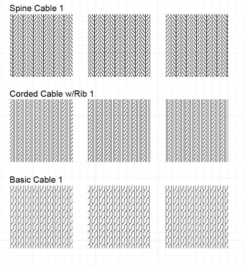 May include: A visual guide to three different cable knitting patterns: Spine Cable, Corded Cable with Rib, and Basic Cable. Each pattern is shown in three variations.