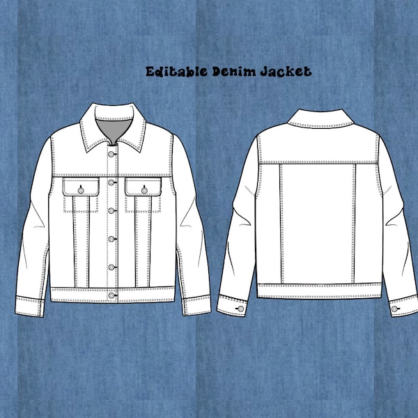 Editable basic Denim Jacket flat sketch, CAD,Fashion Design, AI, PNG, illustrator, Digital files, Clipart, Instant Download