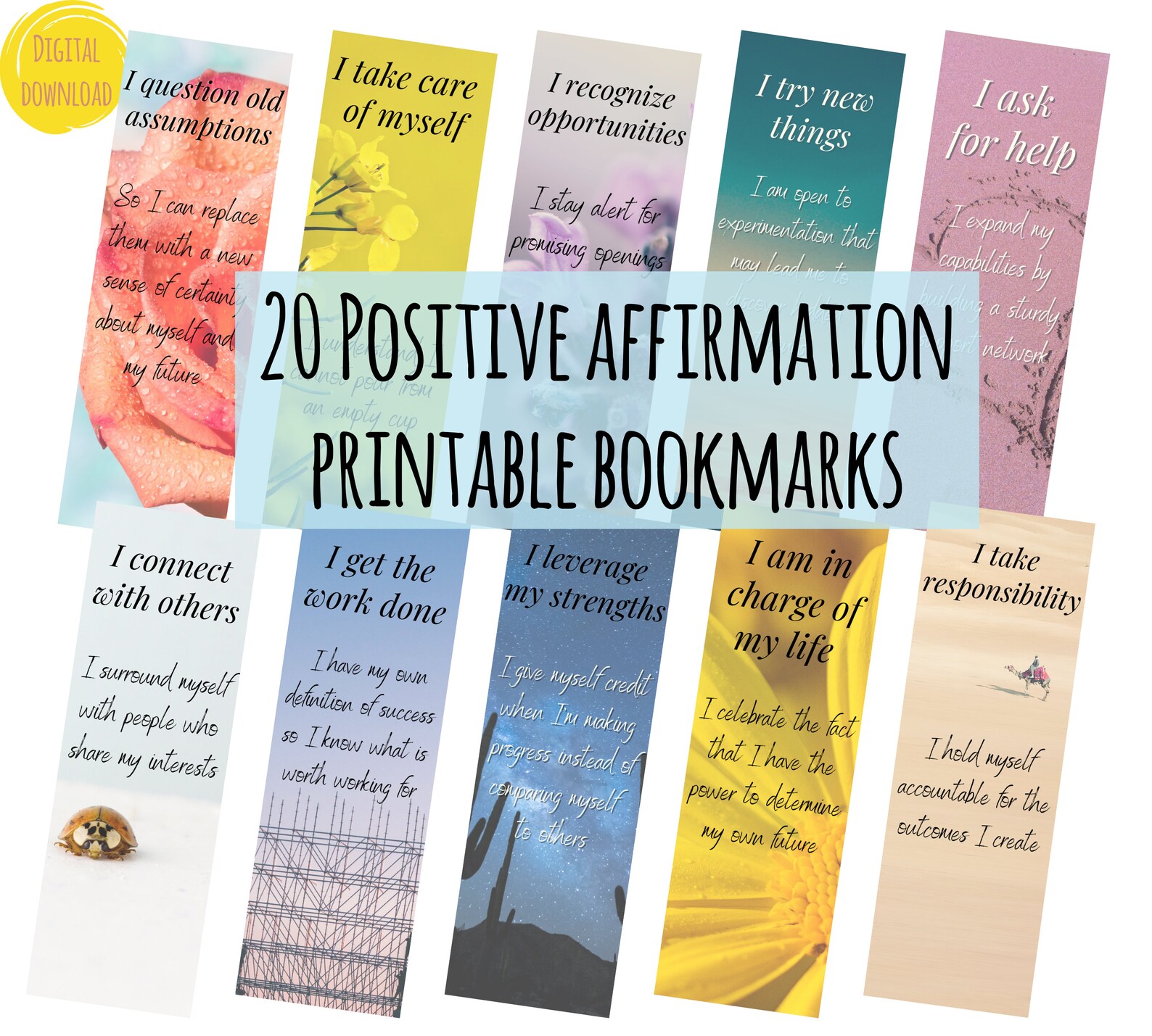 20 Positive Colorful Affirmation Printable Bookmarks Etsy Canada