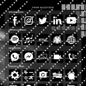 May include: Black and white graphic design with the word "Void" in a stylized font. The graphic features a grid of icons representing various categories of apps, including social media, entertainment, messaging, and system & misc. The icons are white on a black background.