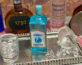Miniature Bombay Sapphire Gin Bottle, 1:12 scale, Liquor, Dollhouse Pub, Alcohol, Shadowbox