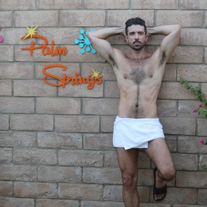 Puede incluir: Un hombre con una toalla blanca envuelta alrededor de su cintura se para frente a una pared de ladrillo con las palabras "Palm Springs" escritas en letras naranjas.