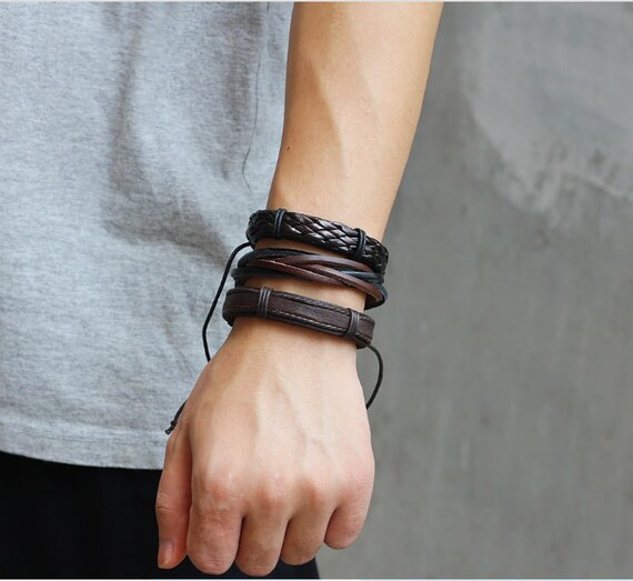 Multi-Layer Braided Leather Mens Bracelets - Pin & Lock Magnetic Closu