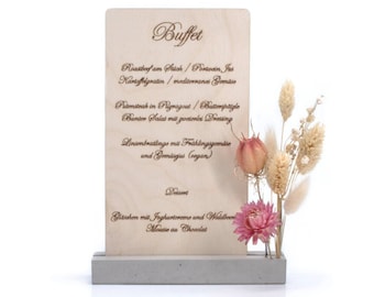 Hochzeit Menükarte | Muttertags Karte | Patenkarte aus Holz und Beton | Individualisierbar | Trockenblumen ab 19.99 Euro