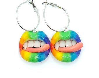 LGBTQ rainbow colors lips with fangs  dangle drop earrings