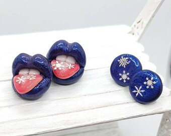 Blue lips with snowflakes  on tongue 2 pair stud earrings / collar pins set.