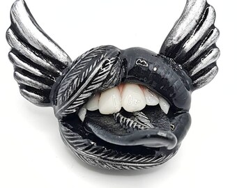 Goth brooch with black  tongue and wings, Pin / Pendant /Phone grip/ Magnet / Keychain / Badge reel