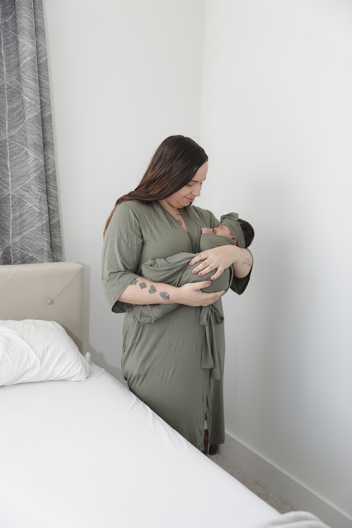 Olive green mom robe matching robe baby swaddle and Etsy