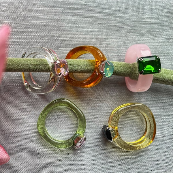 Colourful Thick Resin Rings with Rhinestones | Y2K Stackable Summer Rings | Chunky Transparent Acrylic Clear | 90s Vintage |Barbie Diamonds