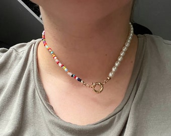 Harry Styles Half and Half Choker Necklace | Y2K Style | Multicolour Beaded and Pearl Necklace | Half Pearl Half Coloured Beaded Necklace |