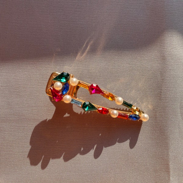 Barrette colorée aux bonbons rétro, envoûtante barrette à cheveux synthétiques, couleurs de l'arc-en-ciel, bijoux de fierté, doré vintage | Style de l'an 2000| la mode de l'an 2000