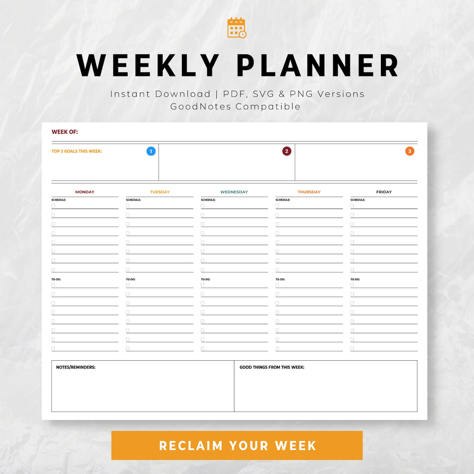 Five Day Weekly Printable Planner One Week Calendar - Etsy