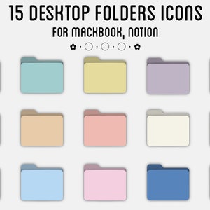 May include: Fifteen different colored folder icons for desktop organization. The icons are in a grid pattern and are all the same size and shape. The colors are pastel pink, light blue, yellow, purple, orange, light green, beige, peach, white, light pink, pale yellow, sky blue, pink, blue, and light blue.