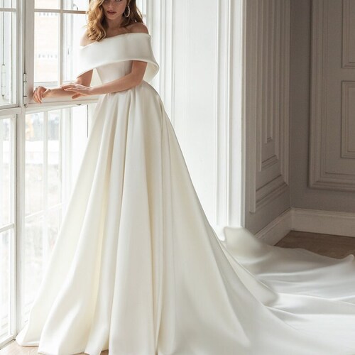 Off-shoulder Satin Dress Satin Bridal Gown Long Train - Etsy