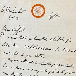 Carta escrita a mano por Aleister Crowley a un amigo ***Firmada*** en su membrete personal – Aproximadamente 120 palabras (9 de septiembre de 1943)