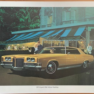 Pósteres originales de la sala de exposición del concesionario Pontiac de 1971 - Lote de 4: Grand Ville, Bonneville Coupe, Catalina Convertible y Grand Safari Station Wagon