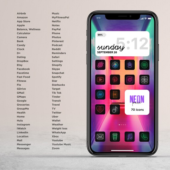 Neon Iphone Icon Pack Aesthetic Ios 14 App Black Social Etsy