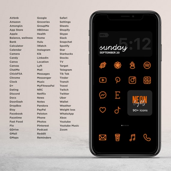 Neon Orange App Icons iPhone Home Screen Theme Bundle