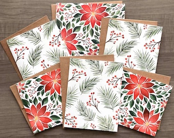 Watercolor Christmas Cards, Holiday Notecards, Poinsettia Christmas Cards, Blank Holiday Cards, Winter Stationery Set, Red and Green