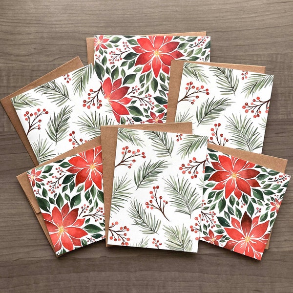 Watercolor Christmas Cards, Holiday Notecards, Poinsettia Christmas Cards, Blank Holiday Cards, Winter Stationery Set, Red and Green