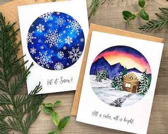 Watercolor Holiday Card Set, Assorted Christmas Cards, Snowflake Greeting Card, Seasons Greetings, Winter Watercolor Stationery