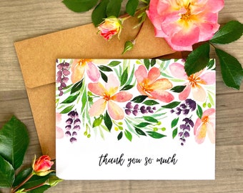 Pink Baby Shower Thank You Note Cards, Baby Girl Thank You, Pink Watercolor Flower Card, Floral Thank You Card, Blush Florals with Greenery