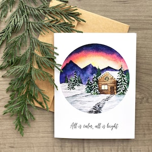 Watercolor Christmas Cards, Christian Christmas Card, Winter Scenes Card, Cabin Holiday Card, Watercolor Cabin, Silent Night