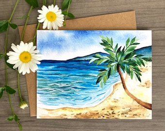 Hawaii Card, Beach Greeting Card, Tropical Greeting Cards, Watercolor Tropical Beach Cards, Watercolor Ocean Card, Hawaiian Birthday Card