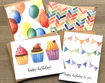 Watercolor Birthday Card Set, Assorted Birthday Cards, Birthday Card Pack, Handmade Birthday Cards, Colorful Birthday Note Card