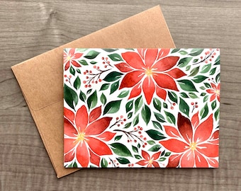 Poinsettia Christmas Cards, Watercolor Christmas Card Set, Blank Holiday Cards, Floral Christmas Card, Pack of Holiday Cards