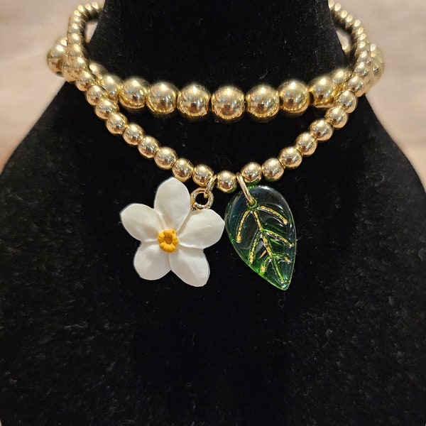 Filipiniana Jewelry - Gold Ball Bead Bracelet Set with Large Sampaguita Flower and Green Enamel Leaf Charm