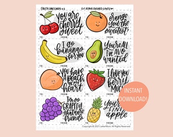 Jeu de mots fruité, Saint-Valentin à imprimer pour l'école, Saint-Valentin pour la classe, Saint-Valentin à imprimer pour enfants, Carte Galentines, Notes de boîte à lunch