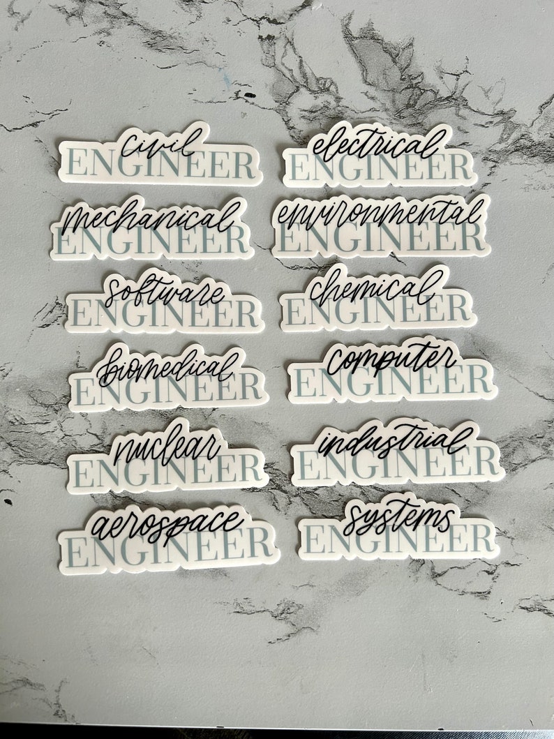 Op de afbeelding: Twaalf witte stickers met blauwe randen en zwarte tekst. Elke sticker toont een ander type engineering, waaronder civiele techniek, elektrotechniek, werktuigbouwkunde, milieutechniek, software, chemie, biomedische techniek, informatica, kerntechniek, industrie, lucht- en ruimtevaart en systeemtechniek.