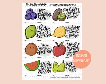Imprimables fruités pour la Saint-Valentin | Tags de la Saint-Valentin pour l'école, les enfants et les amis | Joli jeu de mots aux fruits pour la Saint-Valentin | Imprimez à la maison
