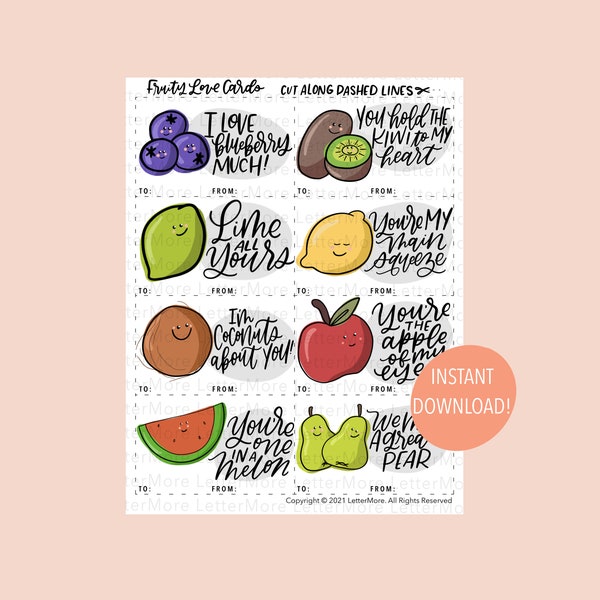 Fruity Valentine Card Printables | Valentine Tags for School, Kids, Friends | Cute Fruit Pun Love Valentines | Print at Home Valentines