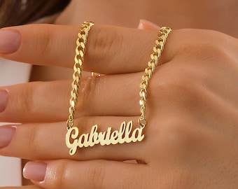 14k Gold Name Necklace with Curb Chain for Women, Personalized Gift, Cuban Chain Necklace, Personalized Jewelry, Gift for Mom